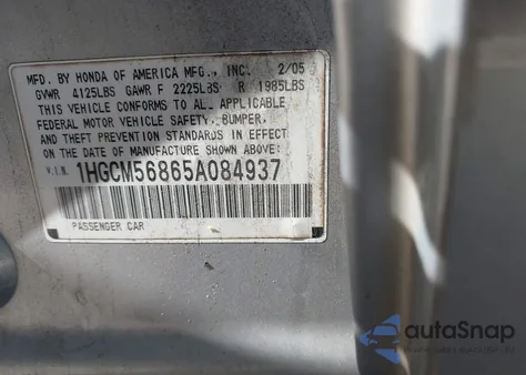 2005 Honda Accord 2.4 Ex из США, поврежденный, VIN 1HGCM56865A084937